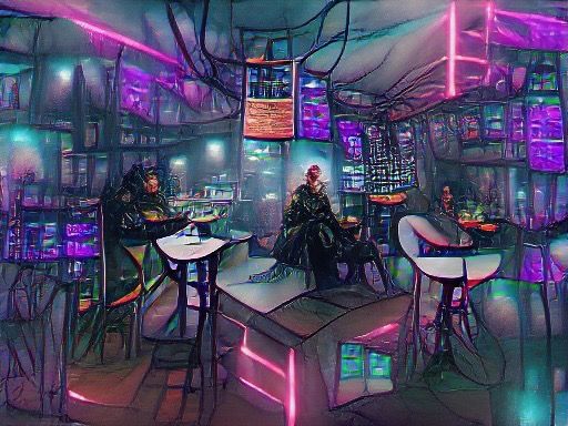 Cyberpunk Cafe, late at night